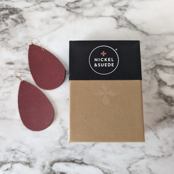 EUC Nickel and Suede Cranberry Teardrop Earrings - Picture 2 of 2